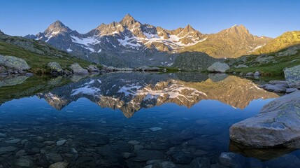 Obraz premium Mountain Range Reflected in a Still Alpine Lake at Sunrise