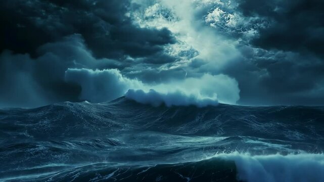 Lightning strikes over a turbulent ocean during a powerful storm