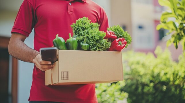 Close-up of Deliverymen in red uniforms holding boxes of fresh food and vegetables transacting online using smartphones. Ai generated image