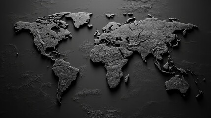 A monochrome world map with high contrast and sharp details on a black background