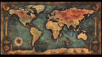 Naklejka premium A retro-styled world map with faded colors and an old-school design