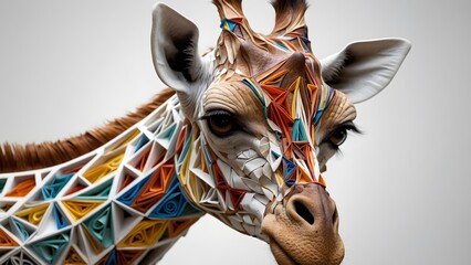 A majestic giraffe, reminiscent of a carousel horse, stands tall against a backdrop of colorful carnival masks