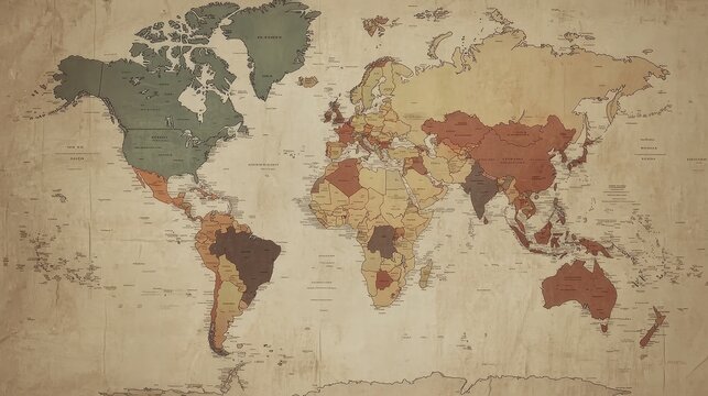 A retro-styled world map with faded colors and an old-school design