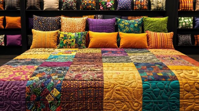 Colorful patchwork quilt display with vibrant patterns in cozy bedroom setting