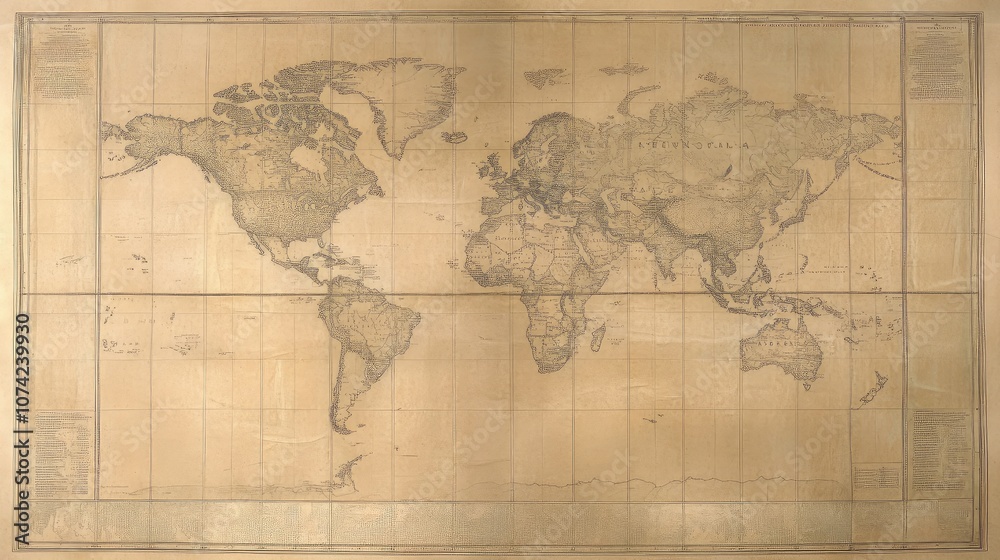 Poster a world map printed on textured canvas with subtle grid lines and borders