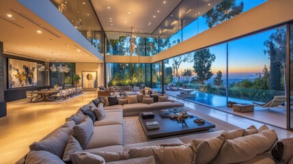 Fototapeta premium Modern luxury living room with high ceilings, large sectional couch, wall-to-wall glass doors 