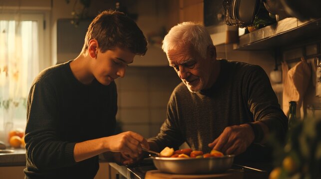 Sons Day Celebration Teenage Son and Elderly Father Bonding Over Cooking a Family Meal in Warm, Intimate Kitchen Setting
