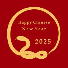 Golden snake curled up to 2025 Chinese new year card in red background. Year of the snake simple celebration china