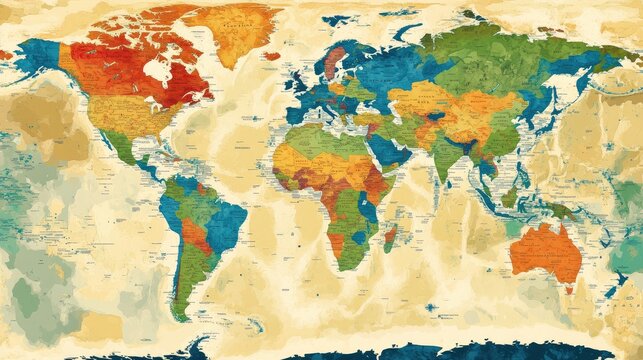 A world map with climate zones, illustrated with colored regions and symbols