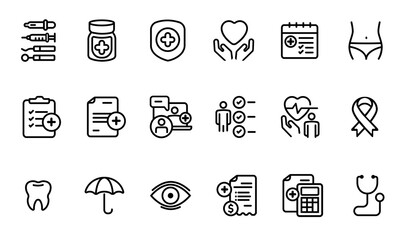 Icon healthcare equipment medical check up examination doctor consultation medicare cost payment insurance line stroke symbol collection set