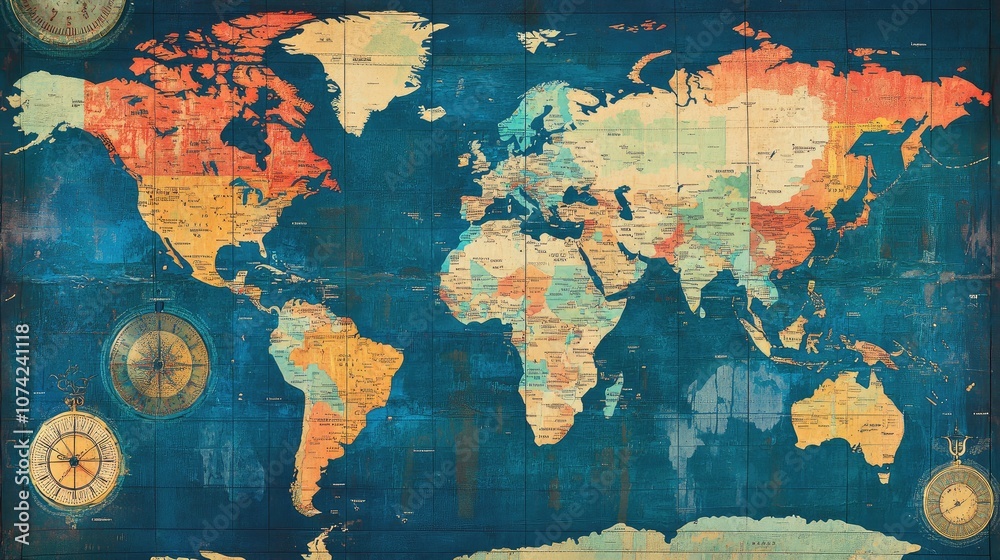 Poster a world map with global time zones, highlighting each regions clock and data