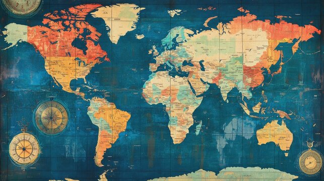 A world map with global time zones, highlighting each regions clock and data