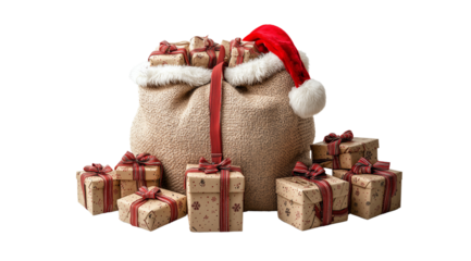 PNG, Santa Claus and red sack, sack with gifts, isolated on white background.