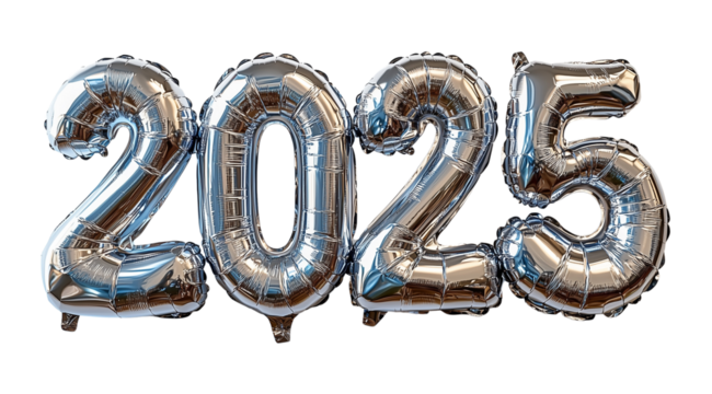Happy New Year, silver foil balloons in the shape of numbers 2025 close up, created with Generative AI technology, PNG