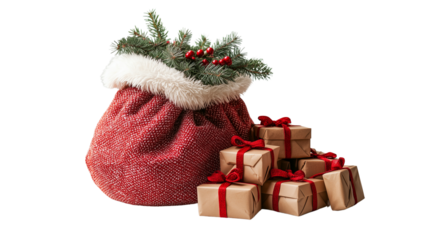 PNG, Santa Claus and red sack, sack with gifts, isolated on white background.