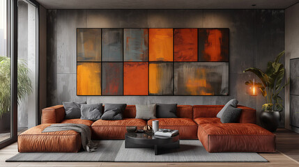 Minimalist, loft interior design of modern living room with earthy tones, featuring a terra cotta sectional sofa, black coffee table, and a textured wall art piece. Desig concept