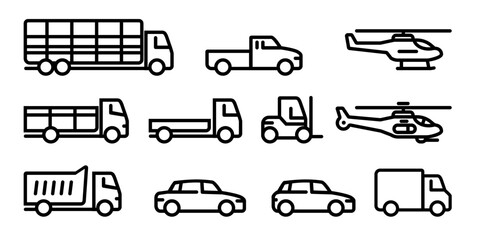 transportation car truck forklift rear vehicle icon set collection line stroke outline transport logistics double cabin sedan and hatchback © bakhtiarzein