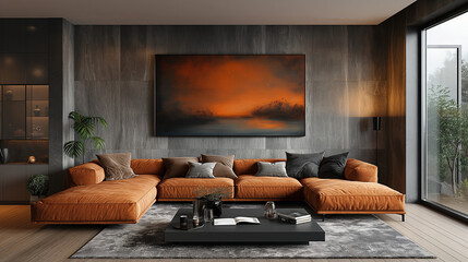 Fototapeta premium Minimalist, loft interior design of modern living room with earthy tones, featuring a terra cotta sectional sofa, black coffee table, and a textured wall art piece. Desig concept