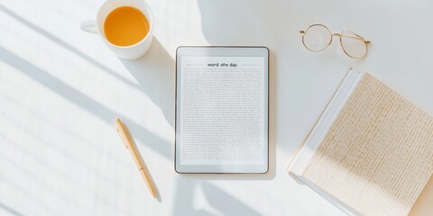 Modern Minimalist Desk with Digital Vocabulary Display for National Dictionary Day and More