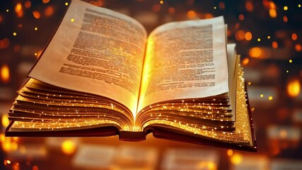 Ancient glowing book amidst sparks and light in fantasy setting