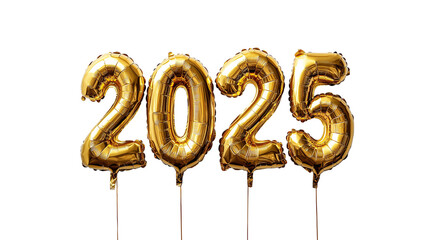 Happy New Year, golden foil balloons in the shape of numbers 2025 close up, created with Generative AI technology, PNG