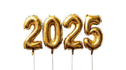 Happy New Year, golden foil balloons in the shape of numbers 2025 close up, created with Generative AI technology, PNG