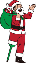 Character Illustration of a Disable Santa Claus with Prosthetic Leg, Christmas Cartoon Character