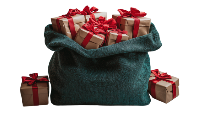 PNG, Santa Claus and red sack, sack with gifts, isolated on white background.