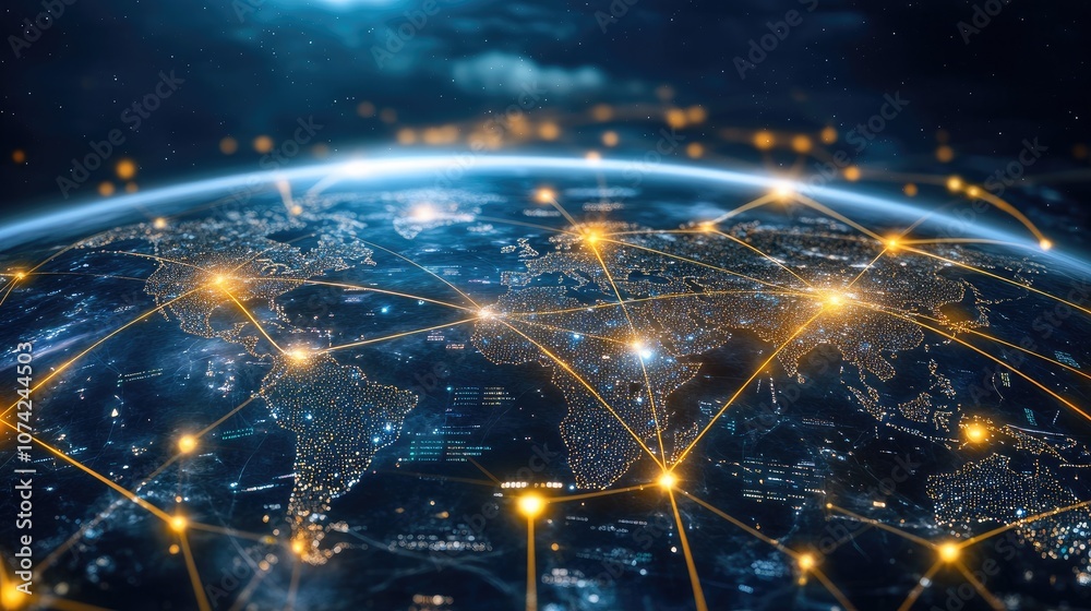 Poster digital world map with glowing lines and data points, modern and high-tech look