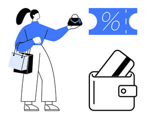 Woman holding handbag and shopping bags beside a discount coupon and a wallet with a credit card. Ideal for online shopping, e-commerce, retail, discounts, sales, finances, payment methods. Line