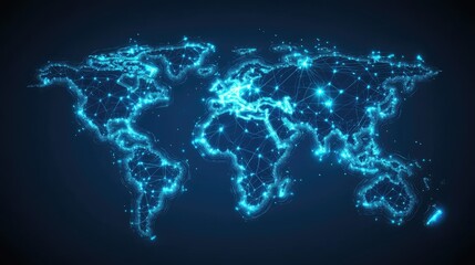 Digital world map with glowing nodes connected by neon lines, high-tech aesthetic