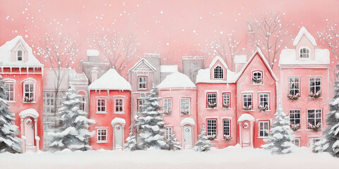 Pink winter wonderland houses covered in snow falling on christmas eve