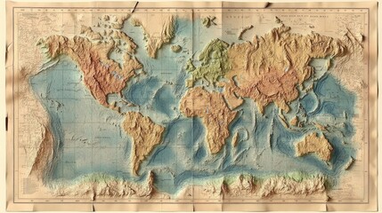 High-resolution world map with topographic details, showing landforms and elevations