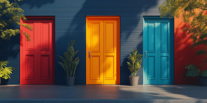 Three colorful doors representing different opportunities and choices in life
