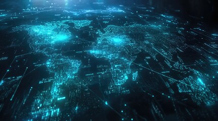High-tech world map with electric blue lines and glowing data points overlaid