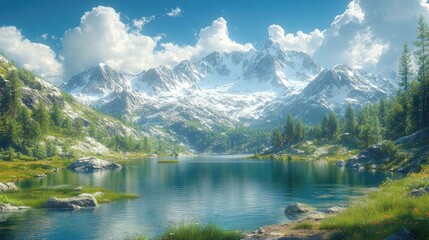 Naklejka premium Serene mountain landscape with a tranquil lake and lush greenery.