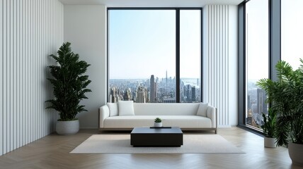 A modern, spacious living room features a stylish couch, coffee table, and large windows with a stunning cityscape view.