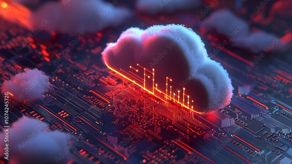 Wall mural red and black isometric neon data cloud computation technology abstract 3d image