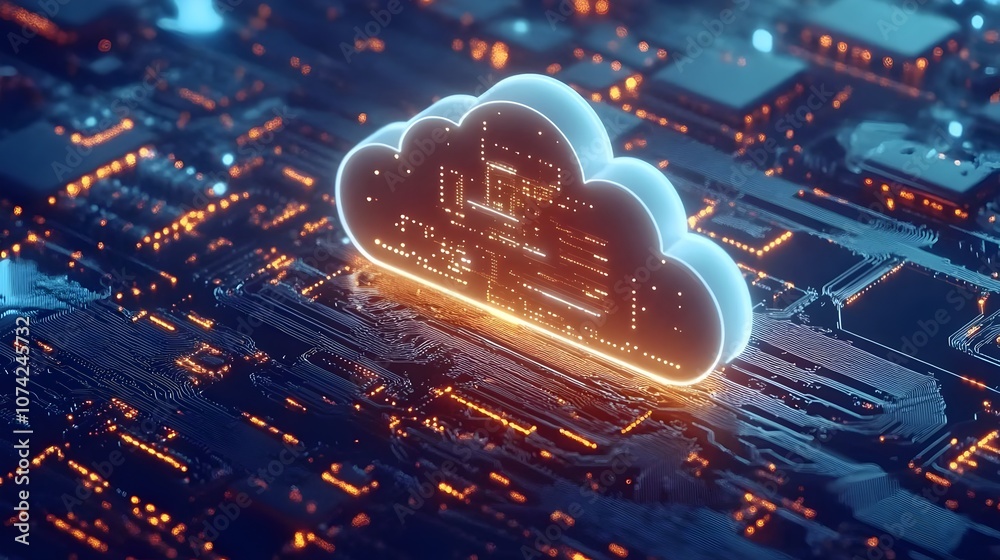 Wall mural blue and orange isometric neon data cloud computation technology abstract 3d image