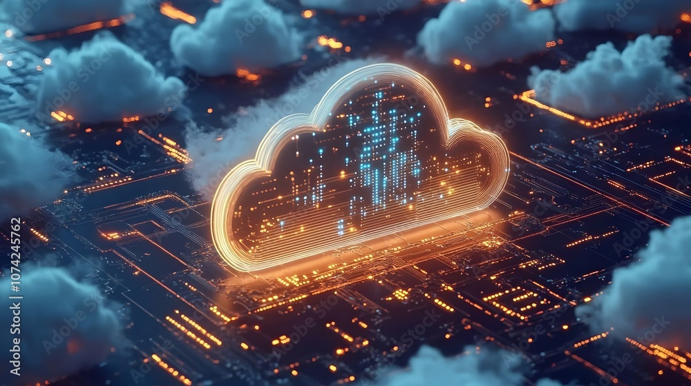 Wall mural blue and orange isometric neon data cloud computation technology abstract 3d image