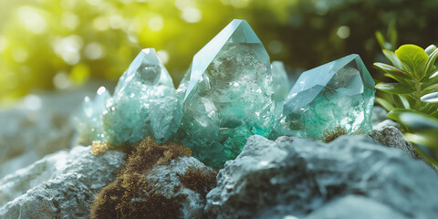 Bright green crystals growing on rocks in lush nature scenery