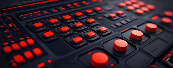 A close-up of a dark control panel featuring numerous buttons and knobs, highlighted by vibrant red accents, suggesting a high-tech design.