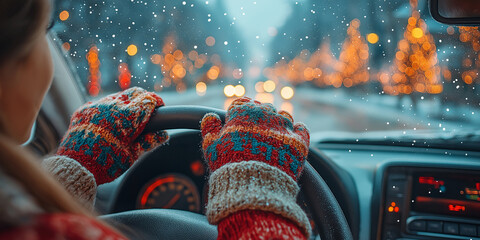 Woman driving car at christmas time wearing winter gloves