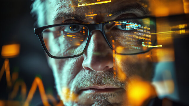 Senior software engineer analyzing code and graphs reflected in glasses at night