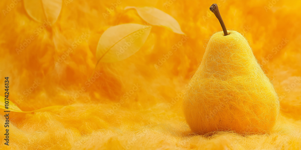 Poster yellow felt pear on yellow background with leaves showing autumn concept