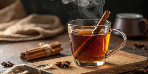 Cinnamon Tea Infusion A closeup of a steaming mug of cinnamoninfused tea with a single cinnamon stick gently floating inside. The warm amber color of the tea contrasts beautifully