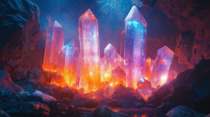 Obraz premium A vibrant display of luminous crystals, seemingly glowing from within, nestled amongst dark, rocky formations.