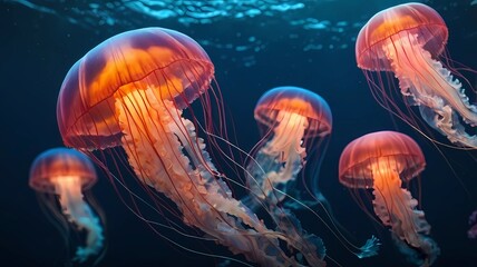 few colorful jellyfish floating underwater using digital illustration techniques. The artwork portrays the jellyfish their bodies adorned with vivid and captivating colors. 