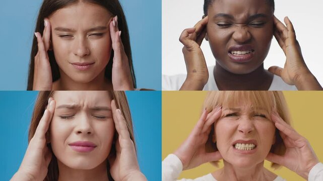A diverse group of women shows various expressions of discomfort as they each hold their heads, indicating tension headaches. The backgrounds differ in color, enhancing their reactions.