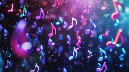 Colorful music notes floating in a dark background with glowing lights, embodying a vibrant music concept.